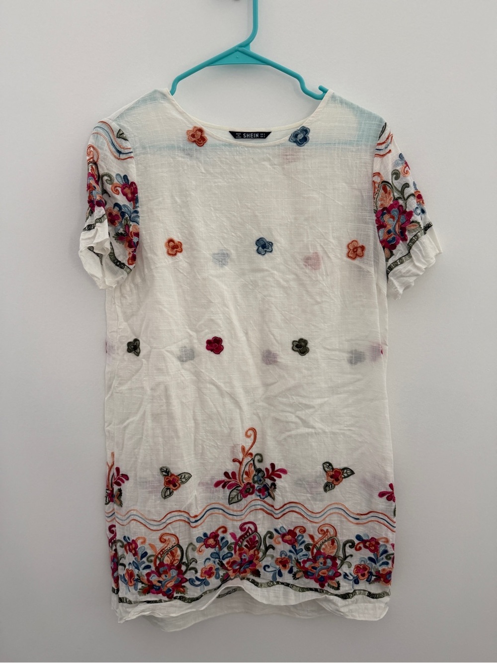 SHEIN White Short Sleeve Embroidered Floral Tunic Dress